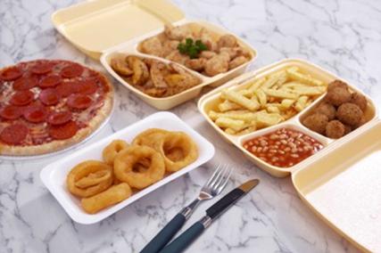 hot food in polystyrene containers